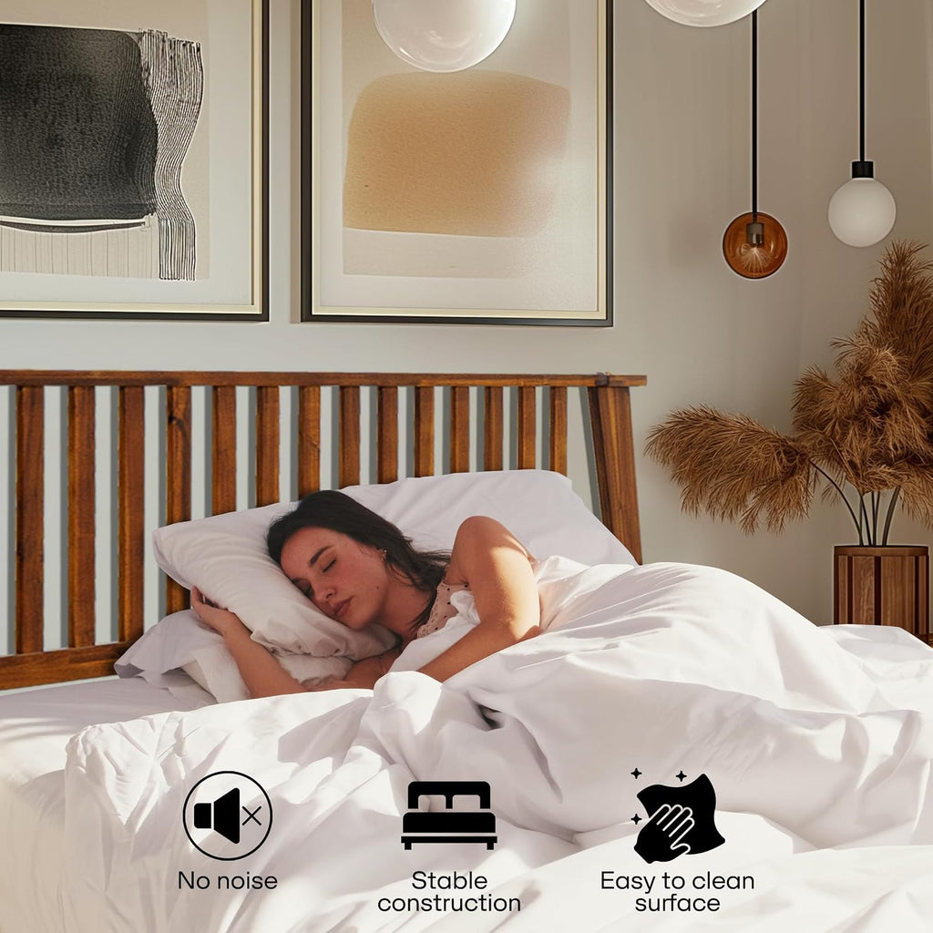 Acacia Kaylin Bed Frame with Headboard Solid Wood Platform Bed, King Bed Frame, Themed Headboard Wood Bed Compatible with All Mattress Types, No Box Spring Needed, Quick & Easy Assembly, Caramel.