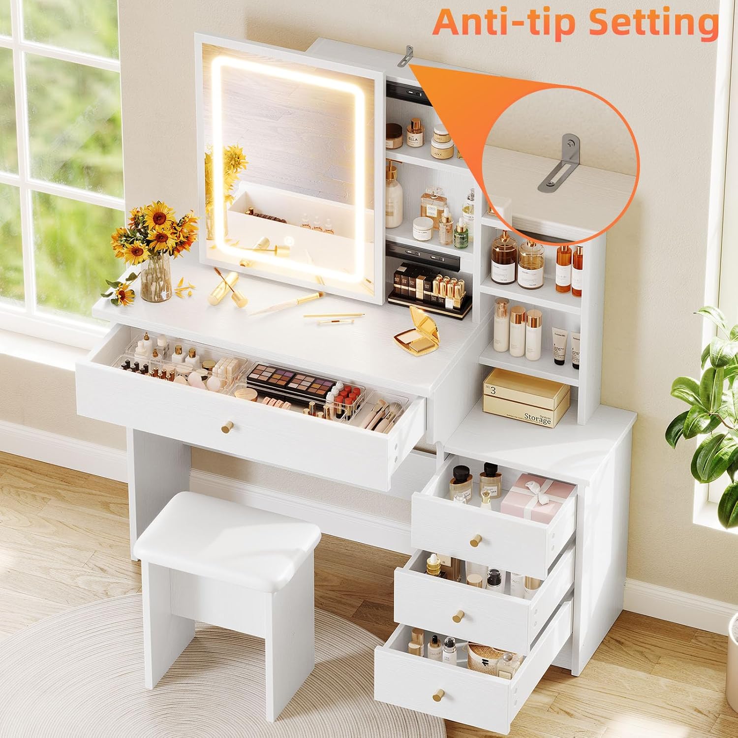 Memobarco Vanity Desk with Mirror and Lights, Makeup Vanity with 3 Adjustable Lighting Modes, Small Vanity Desk with Sliding Mirror, 4 Drawers, 7 Shelves, Vanity Chair for Bedroom White