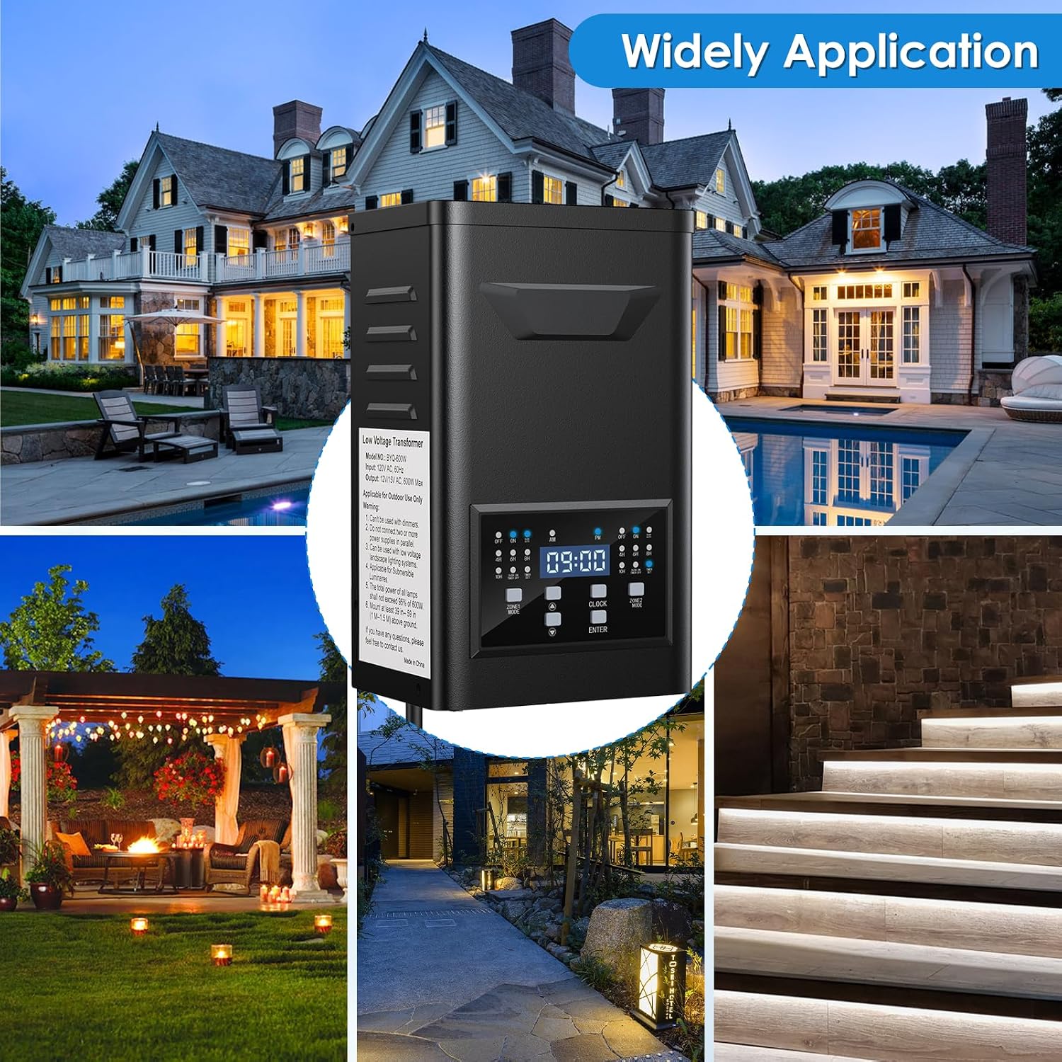 600W Low Voltage Landscape Transformer with 2 Zones, Timer & Photocell for Landscape Lighting, 120V to 12V/15VAC, Stainless Steel, Weatherproof for Outdoor Landscape Lights,Yard, Garden