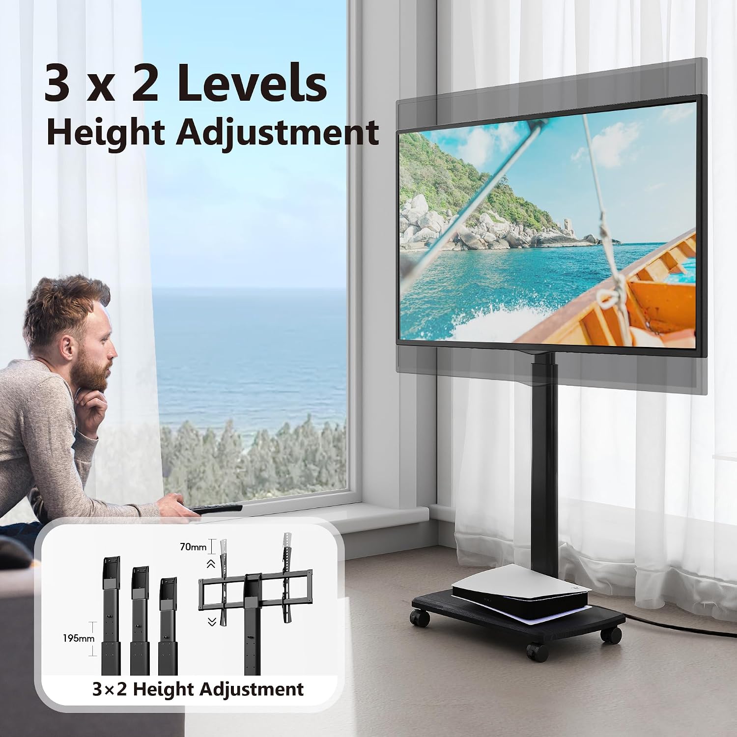 FITUEYES Rolling TV Stand with Power Outlets, Swivel Portable TV Stand for 32-70 Inch LCD LED OLED Flat/Curved Panel Screen TVs, Height Adjustable&Wood Base, Mobile TV cart Holds up to 88Lbs, Black