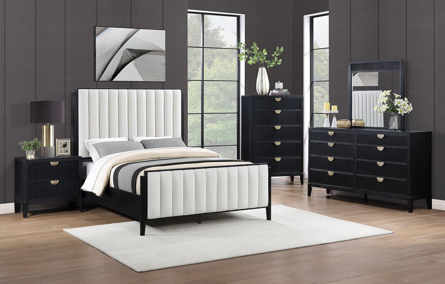 Coaster Home Furnishings Brookmead Transitional 5-Piece Bedroom Set Fabric Upholstered California King Size Panel Bed Frame 60-inch Headboard Black 224710KW-S5