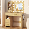 Otterease Vanity Desk with LED Lighted Mirror&Power Outlet, 3 Lighting Colors Makeup Vanity with 5 Large Drawers and 3 Storage Shelves, White Vanity with Storage Stool for Bedroom, Natural(no Stool)