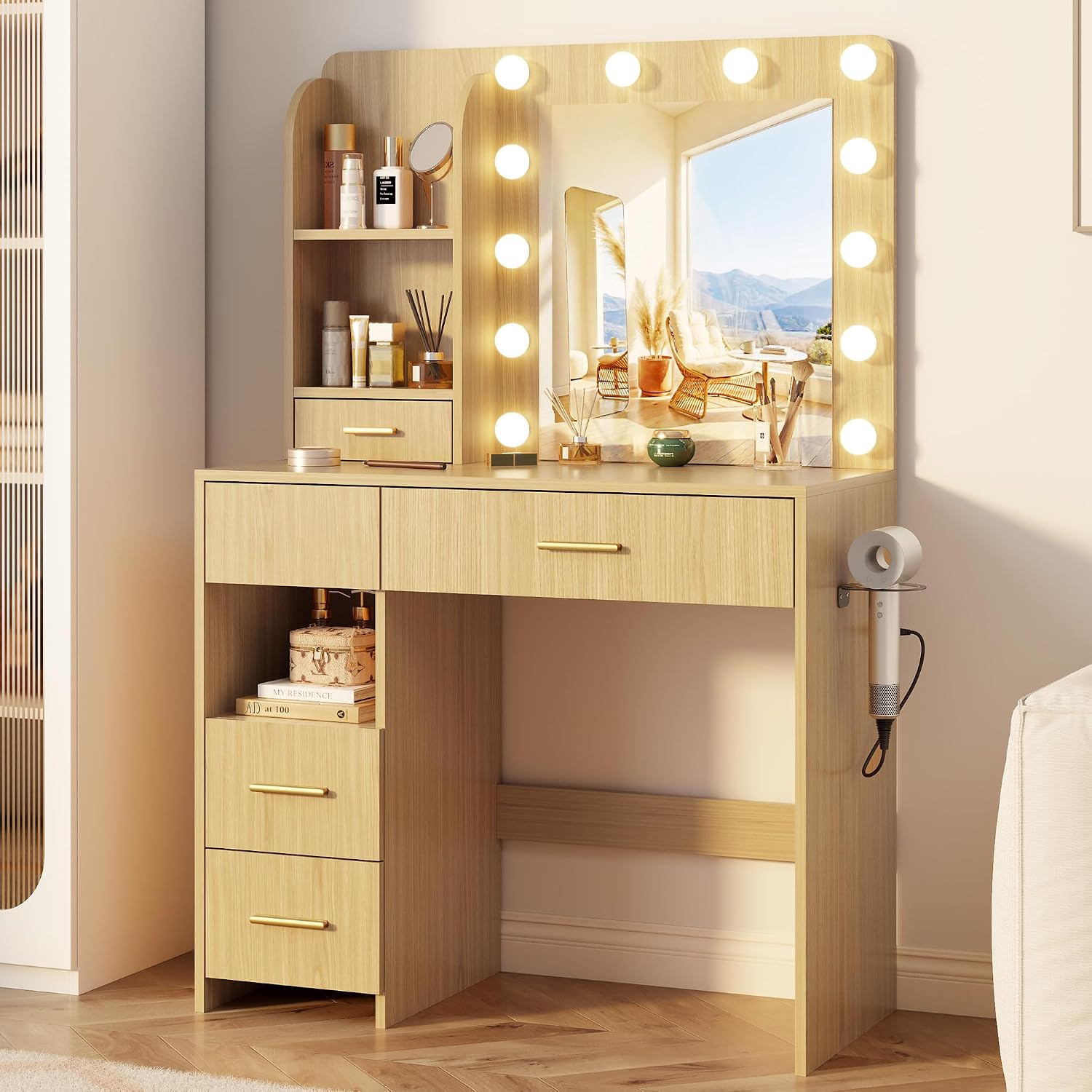 Otterease Vanity Desk with LED Lighted Mirror&Power Outlet, 3 Lighting Colors Makeup Vanity with 5 Large Drawers and 3 Storage Shelves, White Vanity with Storage Stool for Bedroom, Natural(no Stool)