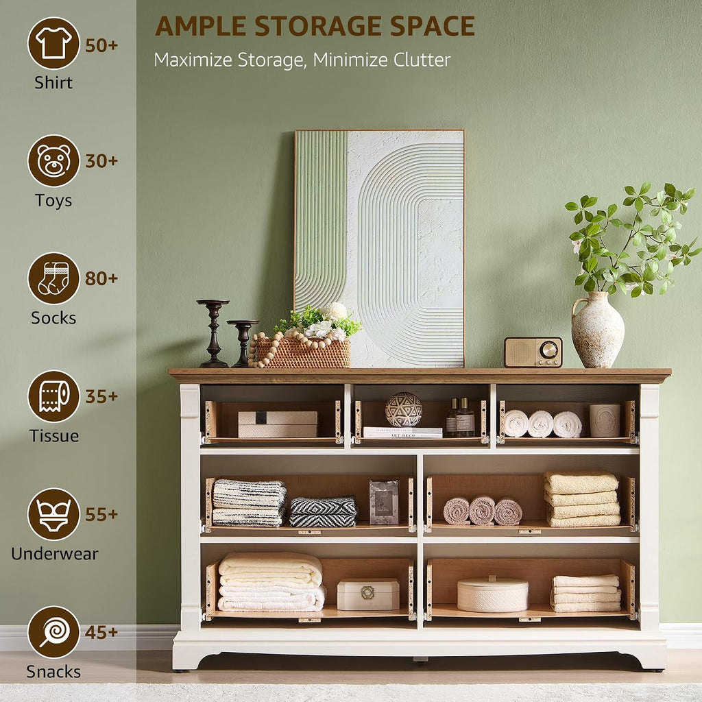 T4TREAM Farmhouse 7 Drawers Dresser for Bedroom, 54' Wide Wood Rustic Chest of Drawers w/Roman Column, Wooden Storage Dressers Organizer for Bedroom, Living Room, Closet, Antique White