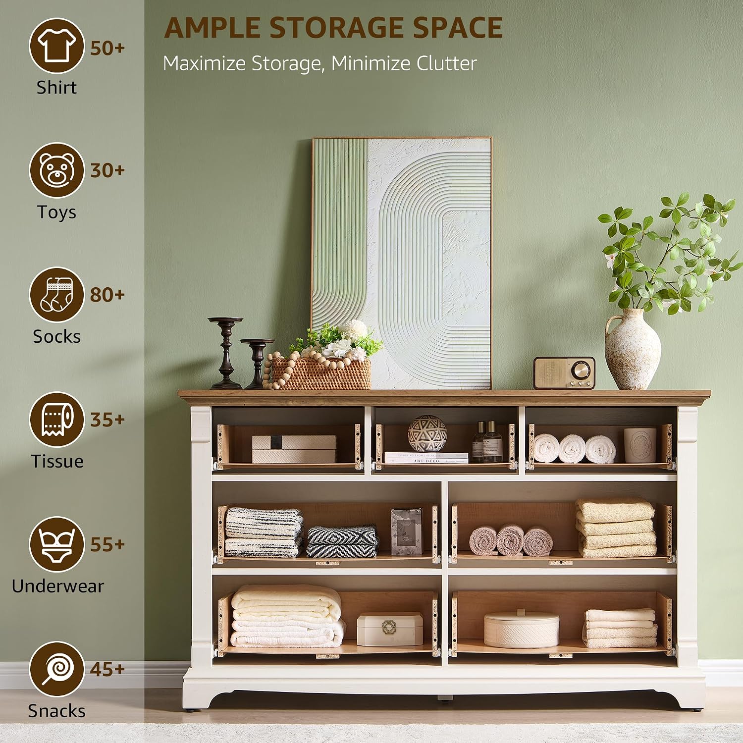 T4TREAM Farmhouse 7 Drawers Dresser for Bedroom, 54' Wide Wood Rustic Chest of Drawers w/Roman Column, Wooden Storage Dressers Organizer for Bedroom, Living Room, Closet, Antique White