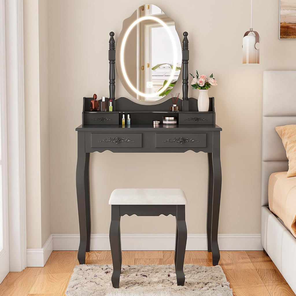 Vanity Desk with Mirror and Lights, Modern Vanity Makeup Table and Cushioned Stool Set with 4 Drawers, 3 Color Lighting Modes with Adjustable Brightness, Dressing Table Set for Bedroom (Black Vanity)