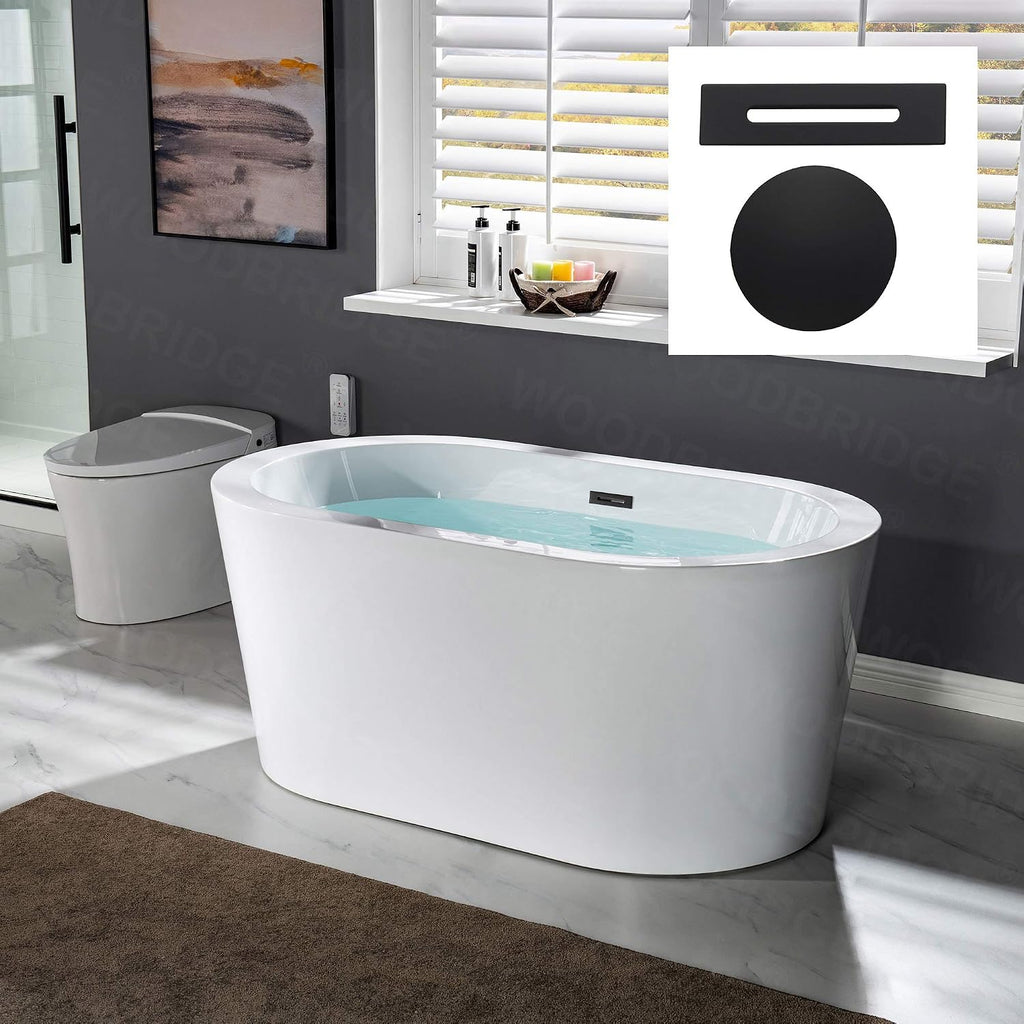 WOODBRIDGE 56' Acrylic Freestanding Bathtub Contemporary Soaking White Tub with Matte Black Overflow and Drain，B0088-MB-Drain&O