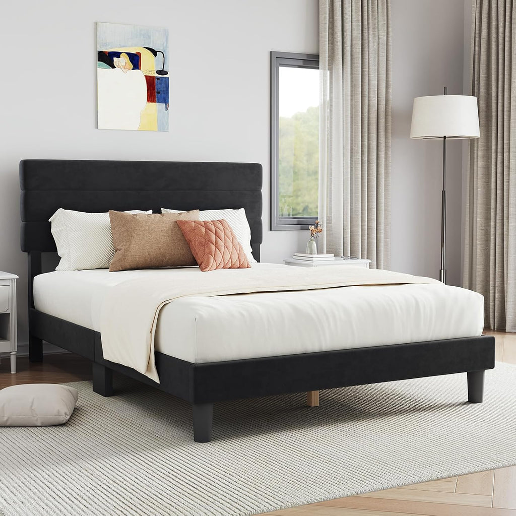 Novilla Queen Bed Frame, Queen Size Bed Frame with Wooden Slats Support, Velvet Upholstered Stripe Headboard, No Box Spring Needed, Heavy Duty Feet, Easy Assembly, Black Velvet