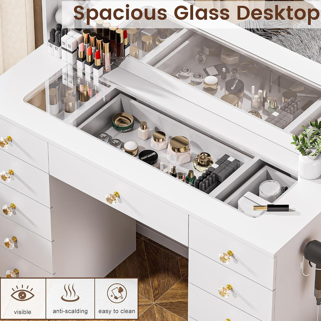 DINGIPP Vanity with Large Mirror and 10 LED Lights, Vanity Desk with Glasstop, 11 Drawers with Crystal Handles, Dressing Table with Power Outlet as Gift for Women, Girls (White)