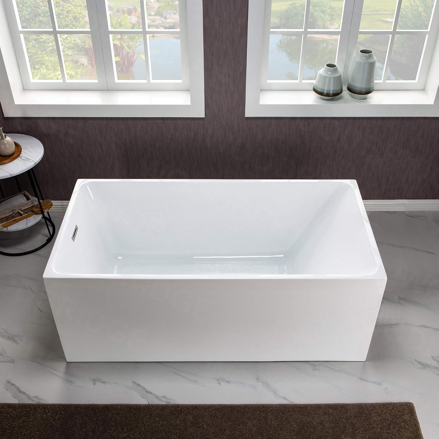 WOODBRIDGE 67' Acrylic Freestanding Bathtub Contemporary Soaking White Tub with Chrome Overflow and Drain，B0086-C-Drain&O