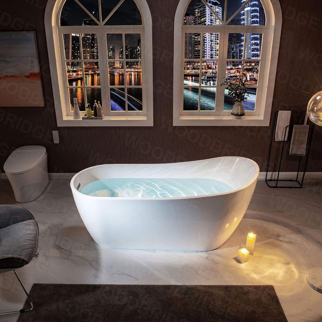 WOODBRIDGE 67'Freestanding White Acylic Soaking Bathtub with White Pillow,Drain and Overflow in Brushed Nickel,BTA1508 -B/N-Drain &O+ Pillow