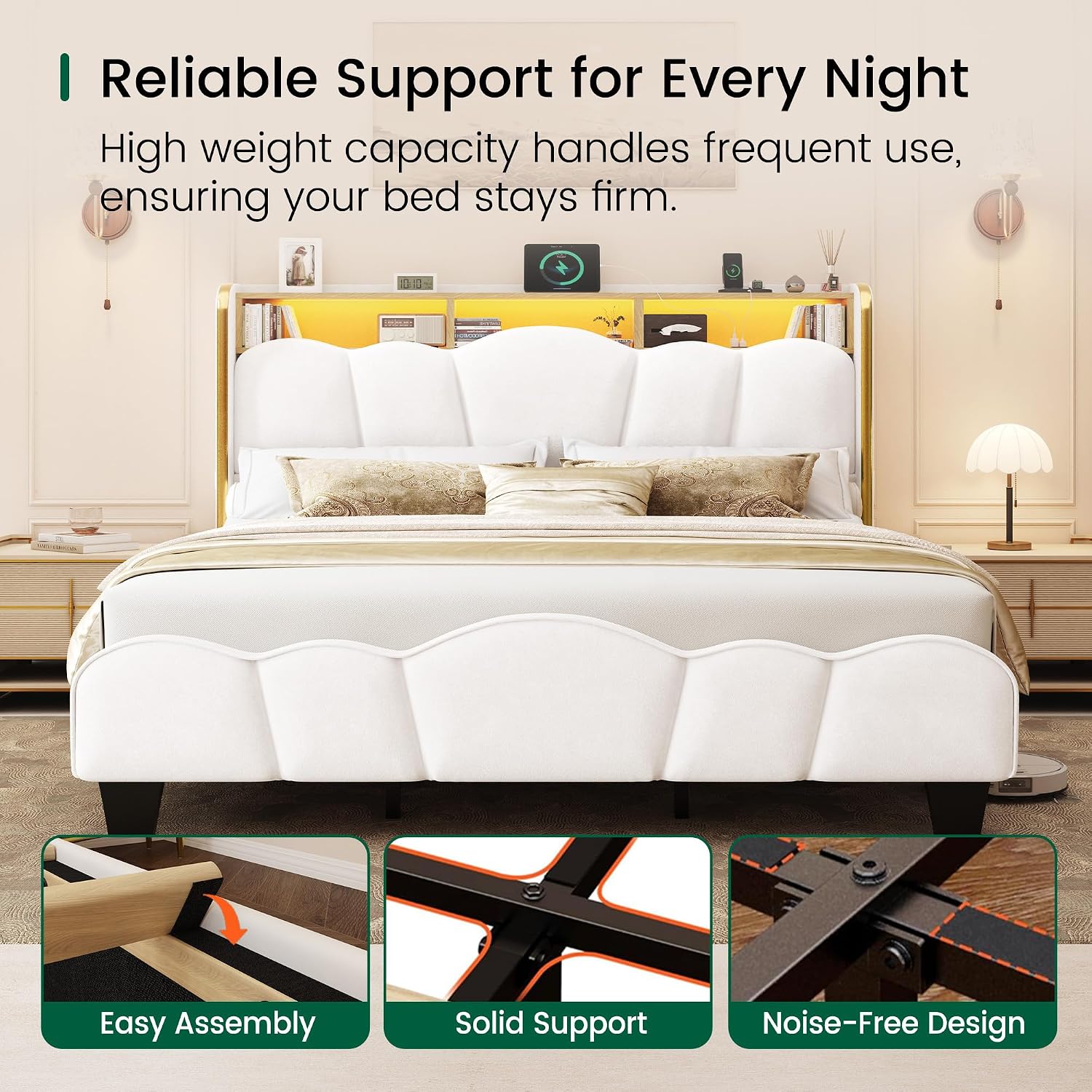 LARMACE King Size Bed Frame with LED Lights and Charging Station Velvet Upholstered Platform Bed Frame with Storage Headboard, No Box Spring Needed, Easy Assembly, White
