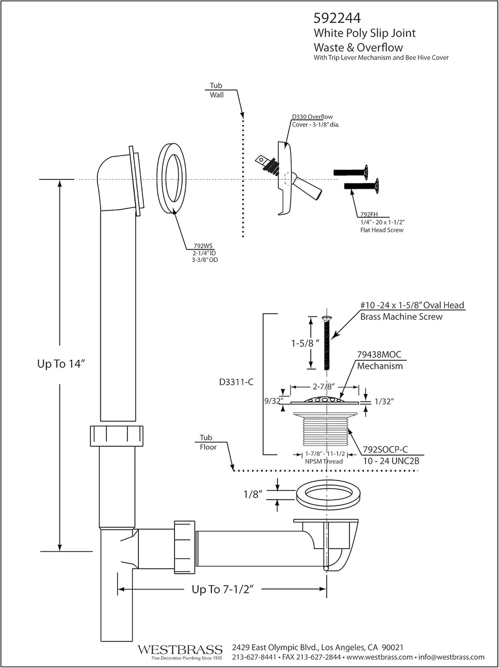 Westbrass 592244-12-12 14' White Poly Tubular Bath Waste & Overflow Assembly with Trip Lever and Strainer Grid Drain Cover, Oil Rubbed Bronze (12-Pack)