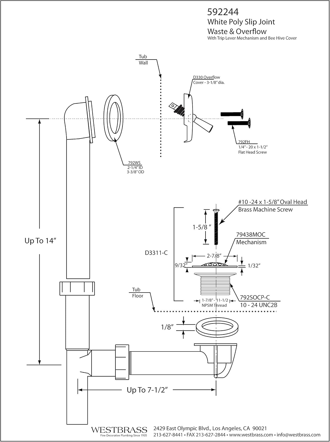 Westbrass 592244-12-12 14' White Poly Tubular Bath Waste & Overflow Assembly with Trip Lever and Strainer Grid Drain Cover, Oil Rubbed Bronze (12-Pack)
