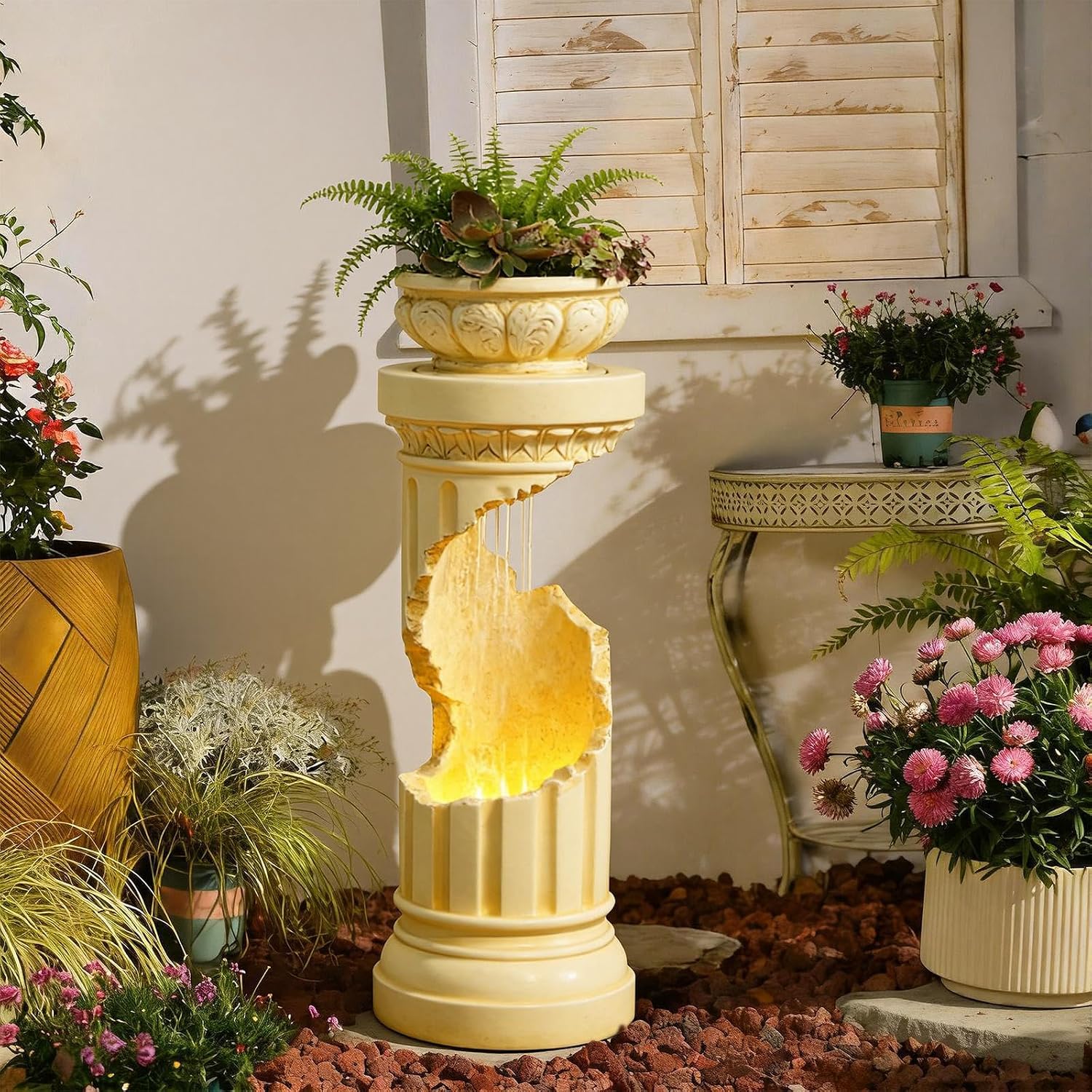 Sunlinua Outdoor Water Fountain with LED Light, Modern Spiral Tiered Outdoor Fountain with Stone Planter Curved Freestanding Waterfall Fountains for Garden Patio Deck Porch