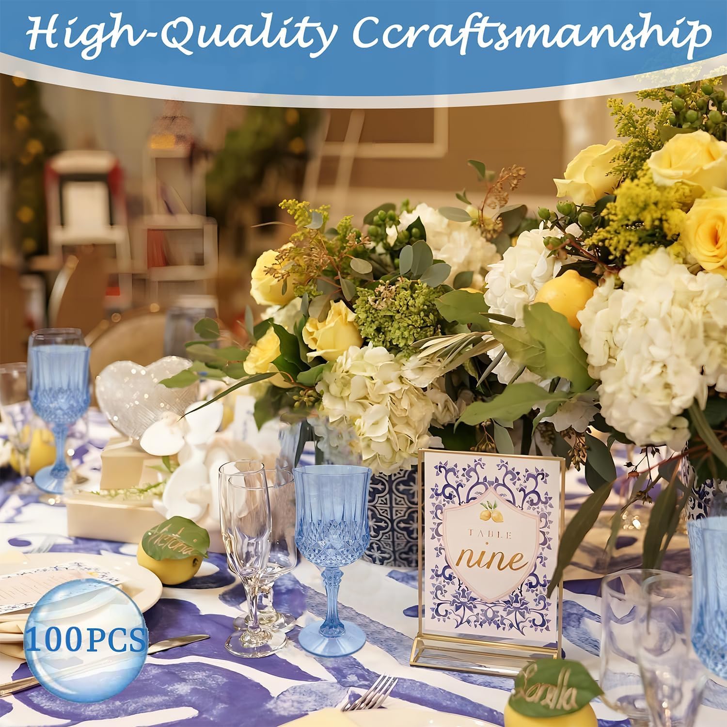 Plastic Wine Glasses, Plastic Goblets Vintage Style Cordial Unbreakable Drinking Glasses, Reusable Drinkware for Wedding Reception, Grand Event Party Supplies (100, Blue)