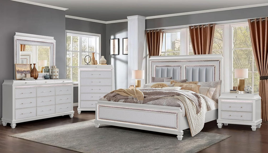 First of a Kind Sabrina Modern Glam 4-Piece Queen Bedroom Set with Led Upholstered Headboard – Luxury Contemporary Bedroom Furniture Collection by Cosmos Furniture, White