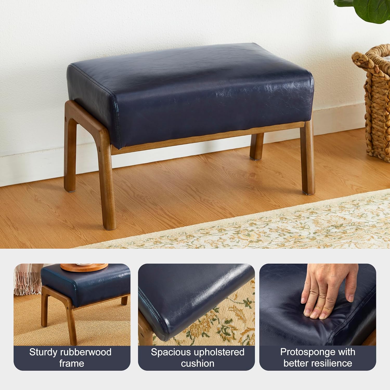 Glitzhome Foot Stool, Leatherette Wooden Step Stool, Modern Rectangle Ottoman Wide Vanity Stool with Cushion for Couch Living Room Bedroom Entryway, Navy Blue