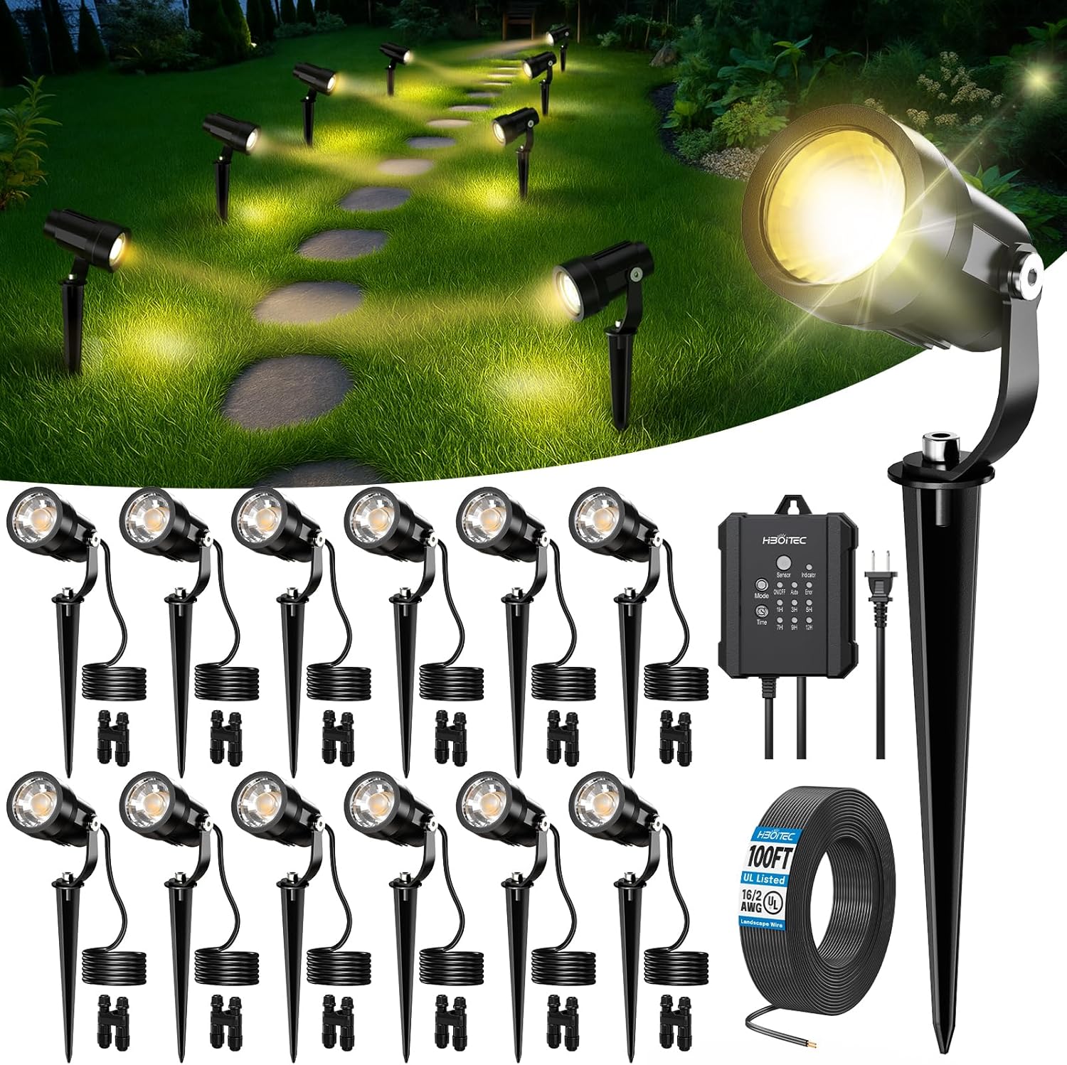 HIBOITEC All-in-One 5W LED Landscape Lighting Kit, 2700K Low Voltage landscape light with Transformer, 100FT Wires and Connectors, Waterproof Spotlights Landscape Lights for House Yard Garden, 12 Pack