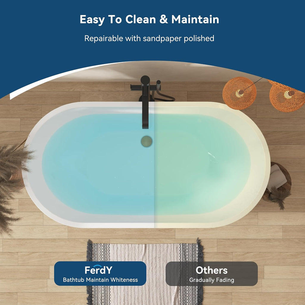 FerdY Bali 55' Freestanding Bathtub, Glossy White Freestanding soaking tub with Brushed Gold Drain & Integrated Slotted Overflow, cUPC Certified