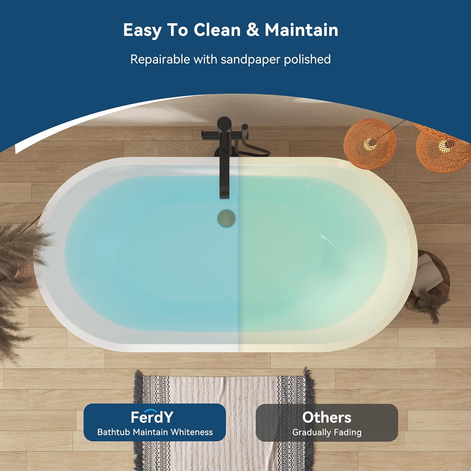 FerdY Bali 55' Freestanding Bathtub, Glossy White Freestanding soaking tub with Brushed Gold Drain & Integrated Slotted Overflow, cUPC Certified