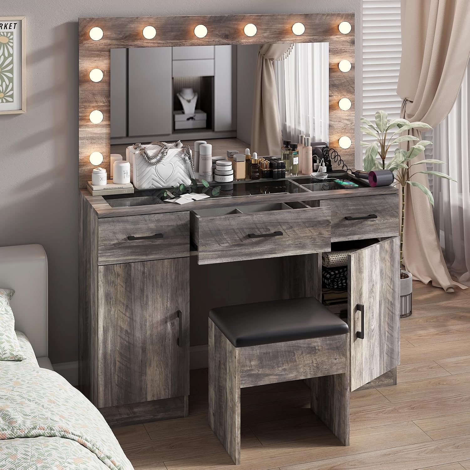 VINGLI Vanity Desk with LED Lighted Mirror & Padded Stool, Makeup Table with Drawers & Cabinets & Power Outlet & Glass Top & 12 Light Bulbs with 3 Colors for Dressing Room Bedroom, Grey