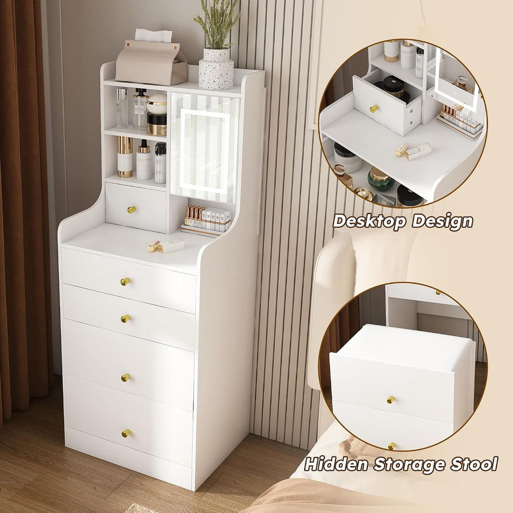 3-in-1 Vanity Desk with LED Mirror and Lights, Compact Makeup Vanity Table with 4 Drawers, Storage Cabinet, Hidden Stool & Shelves for Bedroom, White