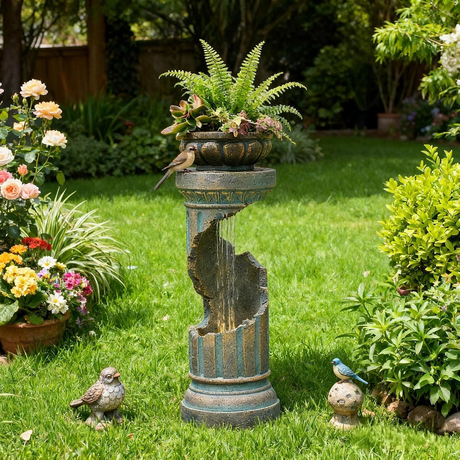 Sunlinua Outdoor Water Fountain with LED Light, Modern Spiral Tiered Outdoor Fountain with Stone Planter Curved Freestanding Waterfall Fountains for Garden Patio Deck Porch Gold