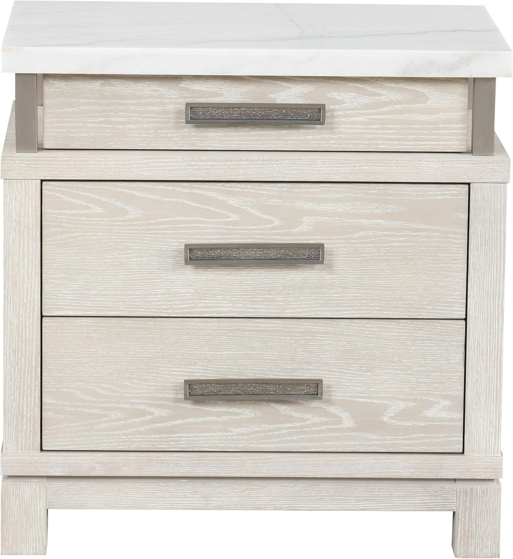 Furniture of America Bailer Modern Solid Wood 5-Piece Bedroom Set with LED on Headboard, Stainless Steal Posts and Marble Top on Nightstand, Box Spring Needed, Queen, Weathered Gray
