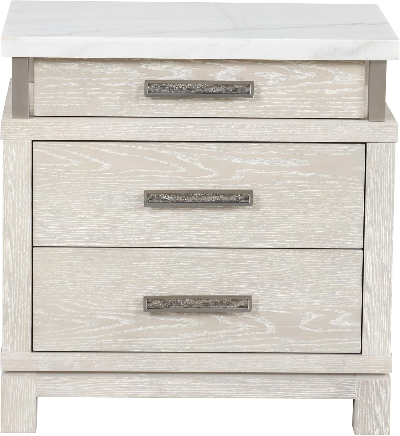 Furniture of America Bailer Modern Solid Wood 5-Piece Bedroom Set with LED on Headboard, Stainless Steal Posts and Marble Top on Nightstand, Box Spring Needed, Queen, Weathered Gray