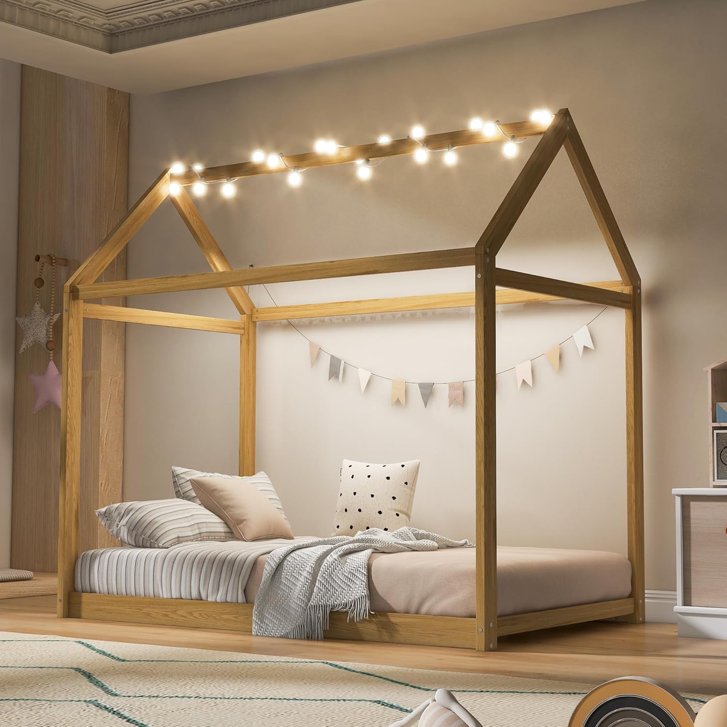 Merax Wooden House Bed, Floor Bed with Light,Twin Size,Wood Color