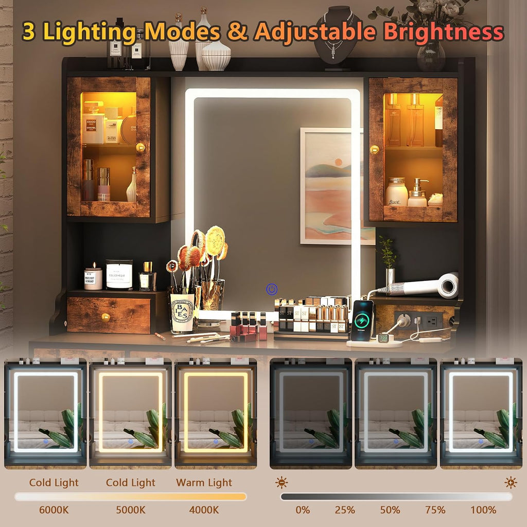 Vanity Desk with Mirror and Power Outlet, 41.3'' Large Make up Vanity Table with 6 Storage Drawers & RGB Cabinets, Dressing Table with 3 LED Lighting Modes Adjustable, for Girls, Women, Rustic Brown