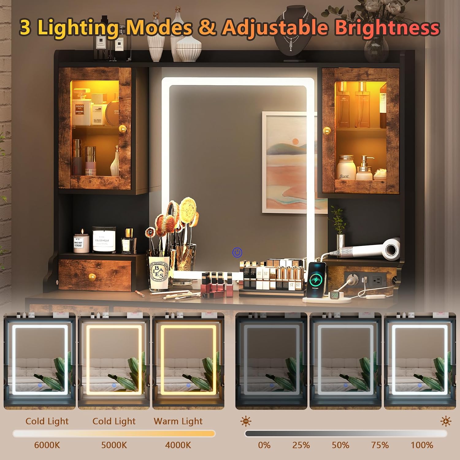 Vanity Desk with Mirror and Power Outlet, 41.3'' Large Make up Vanity Table with 6 Storage Drawers & RGB Cabinets, Dressing Table with 3 LED Lighting Modes Adjustable, for Girls, Women, Rustic Brown