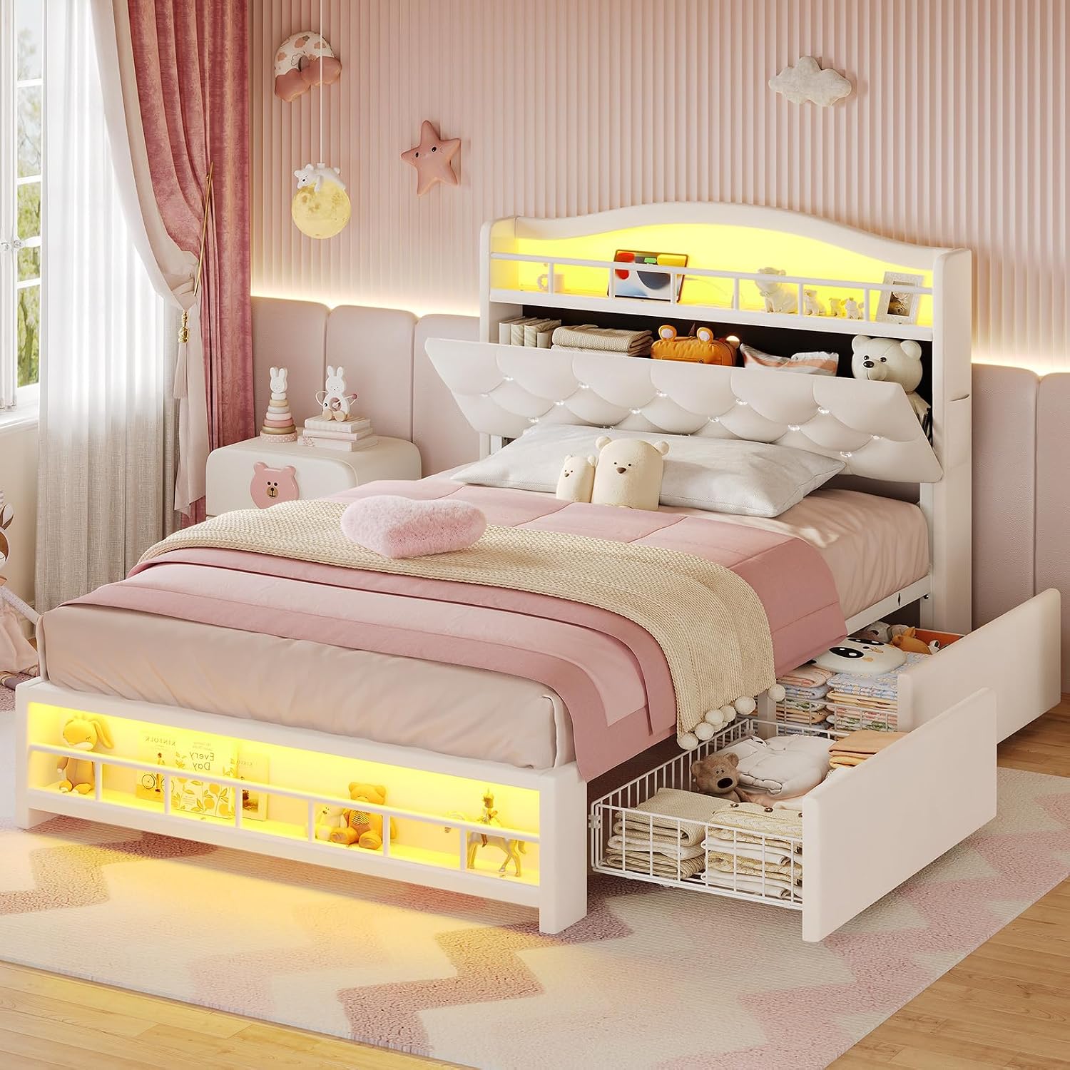 BTHFST Twin Bed Frame with Storage Headboard & 4 Drawers, Girl Upholstered Storage Bed with LED Lights & Charging Station, No Box Spring Needed, Easy Assembly, Beige