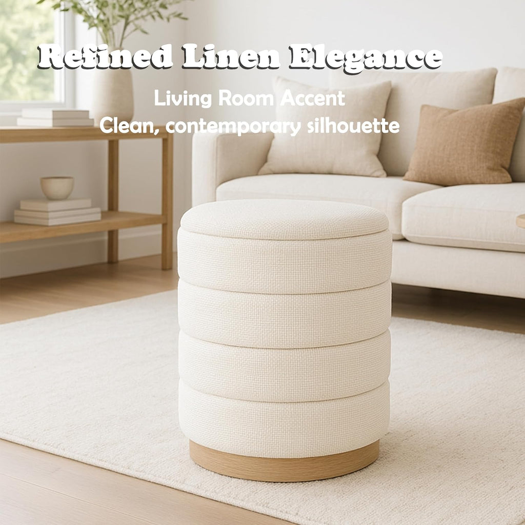Round Storage Ottoman, Small Linen Upholstery Footrest Still with Foam Padded Seat for Living Room Bedroom, Beige