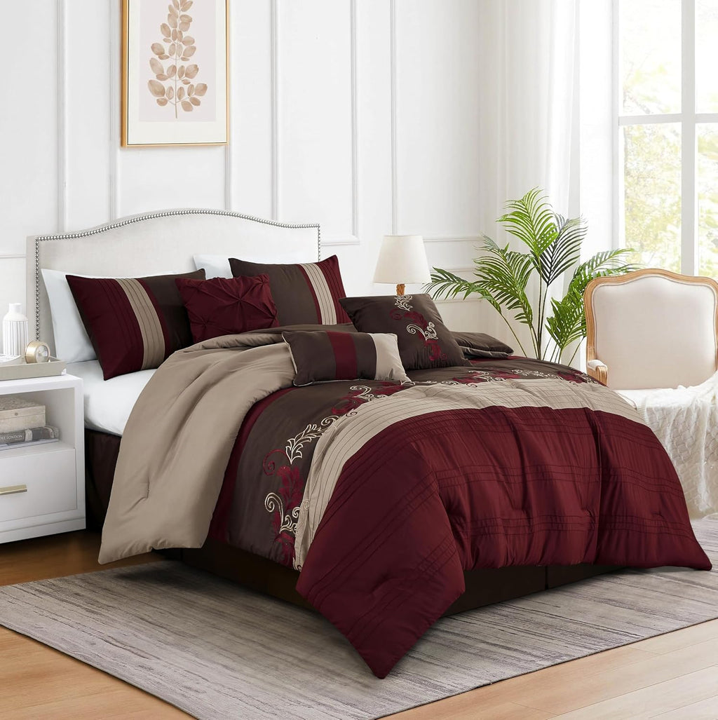 Chezmoi Collection Napa 7-Piece Luxury Leaves Scroll Embroidery Bedding Comforter Set (Oversized King, Burgundy/Taupe/Brown)