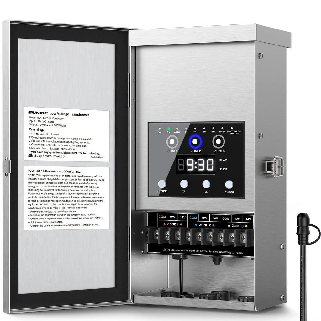 SUNVIE 300W Low Voltage Landscape Transformer 3 Zone Independent Control Outdoor Low Voltage Transformer with Timer & Photocell Sensor 120V AC to 12V/14V AC Waterproof Landscape Lighting Transformer