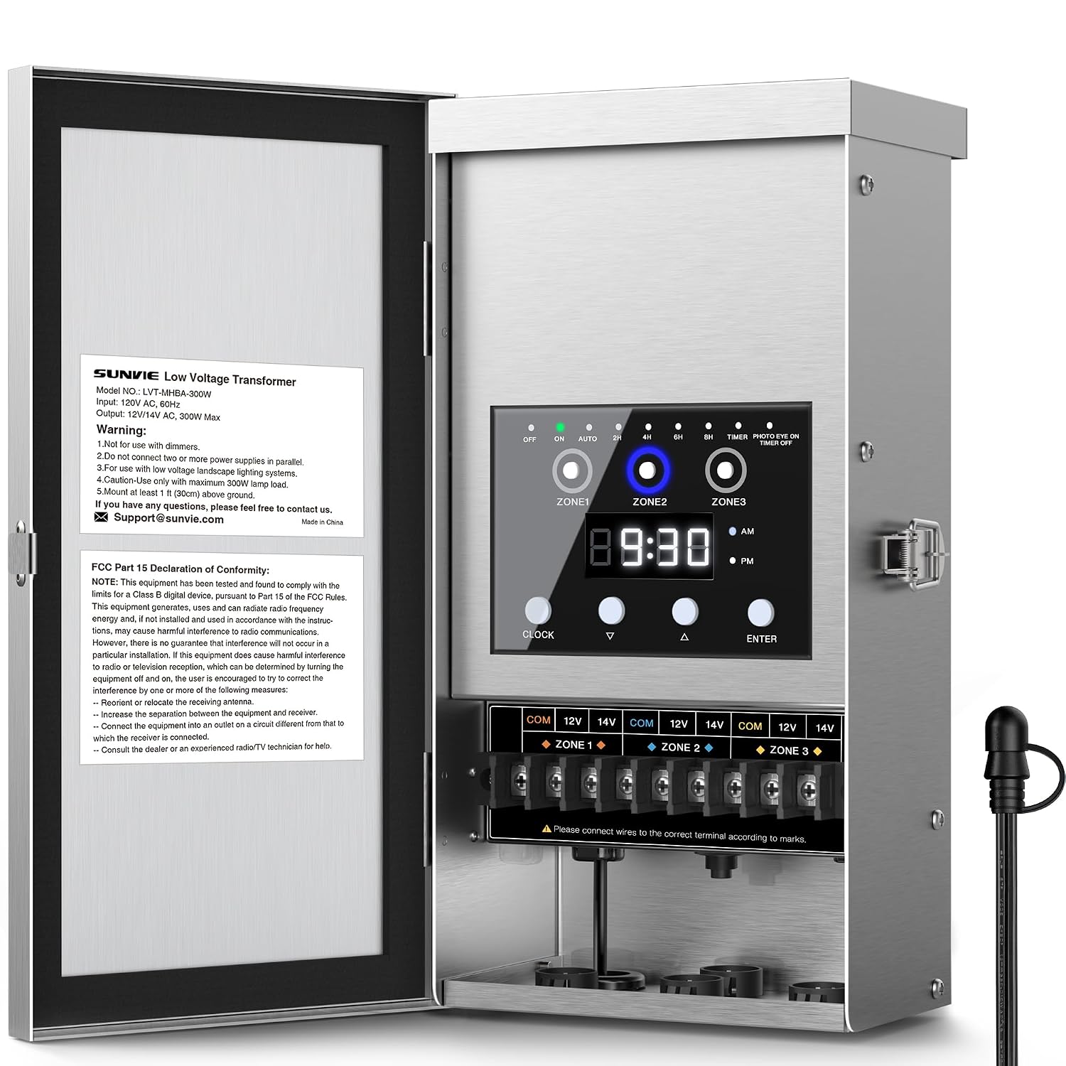 SUNVIE 300W Low Voltage Landscape Transformer 3 Zone Independent Control Outdoor Low Voltage Transformer with Timer & Photocell Sensor 120V AC to 12V/14V AC Waterproof Landscape Lighting Transformer
