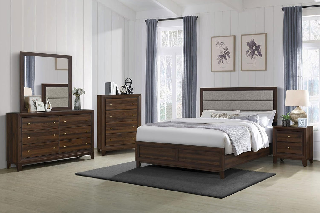 Coaster Home Furnishings Welsley Transitional 5-Piece Bedroom Set Fabric Upholstered Eastern King Size Panel Bed Frame 50-inch Headboard Walnut 223441KE-S5