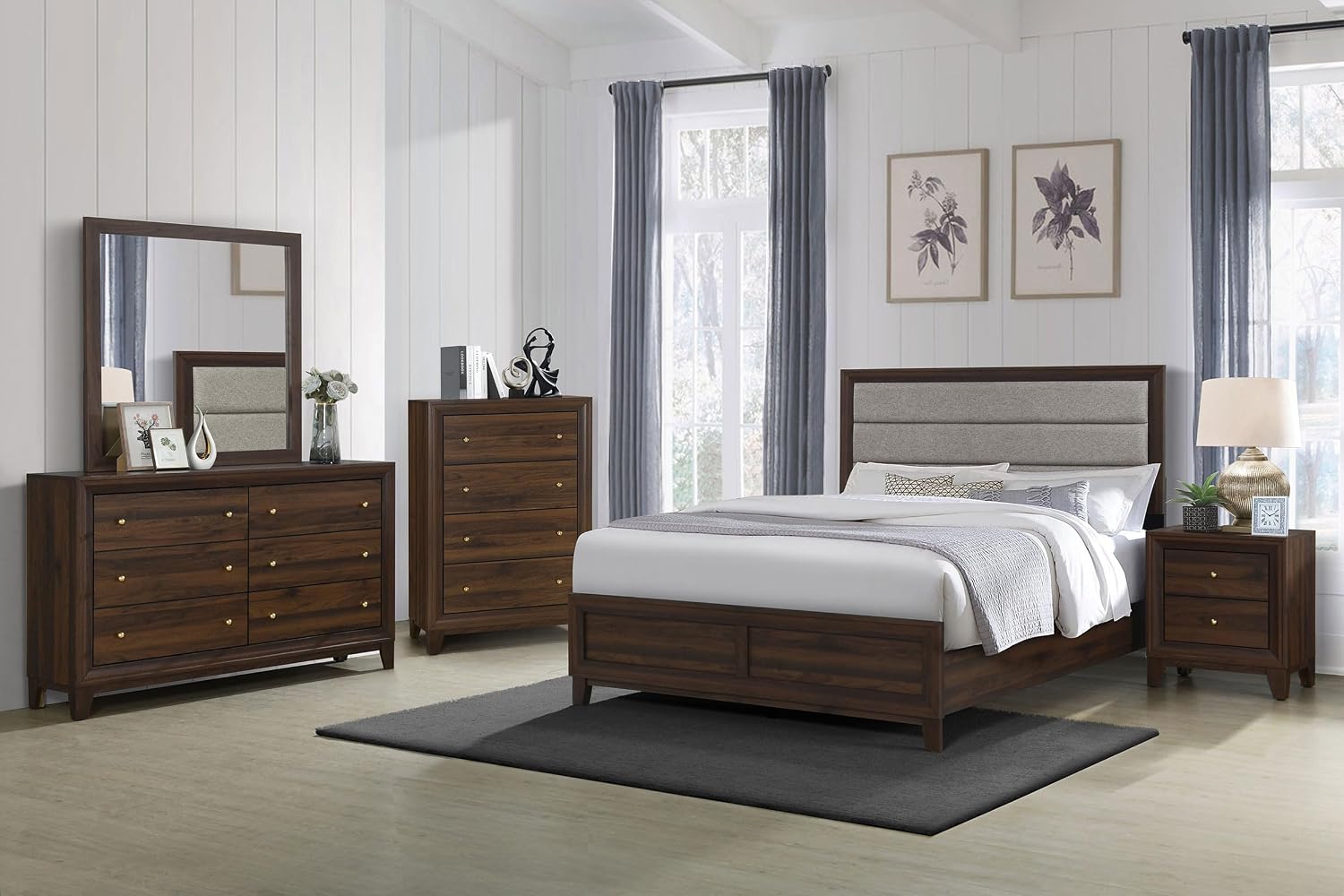 Coaster Home Furnishings Welsley Transitional 5-Piece Bedroom Set Fabric Upholstered Eastern King Size Panel Bed Frame 50-inch Headboard Walnut 223441KE-S5