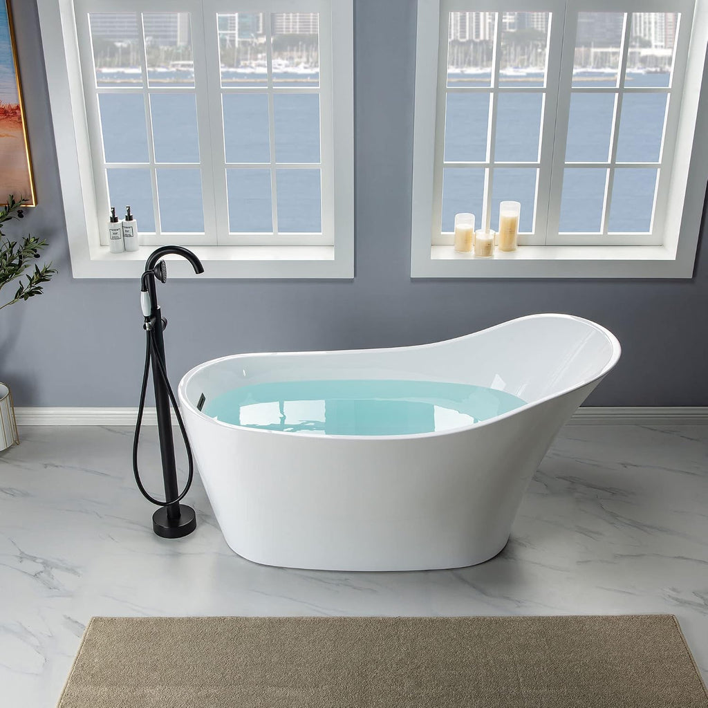 WOODBRIDGE 59' Acrylic Freestanding Bathtub Contemporary Soaking White Tub with Matte Black Overflow and Drain，B0029-MB-Drain&O