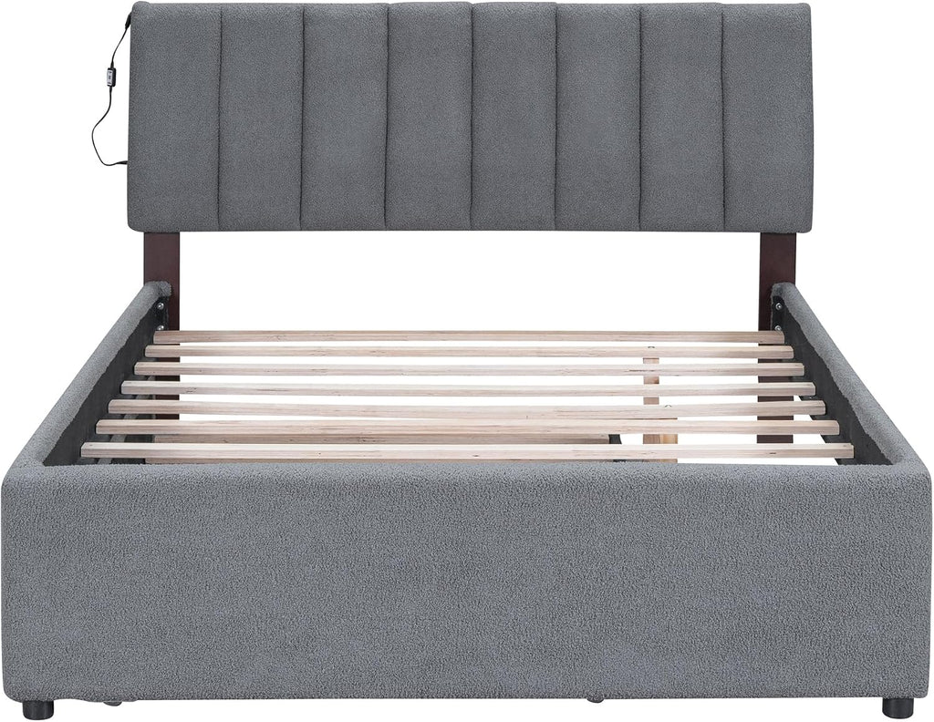 Ball & Cast Full Szie Upholstered Bed Frame with LED Light and Trundle,Teddy Fleece Platform Bed w/Channel Tufted Headboard &Wooden Slats Support,No Box Spring Needed, for Bedroom,Gray