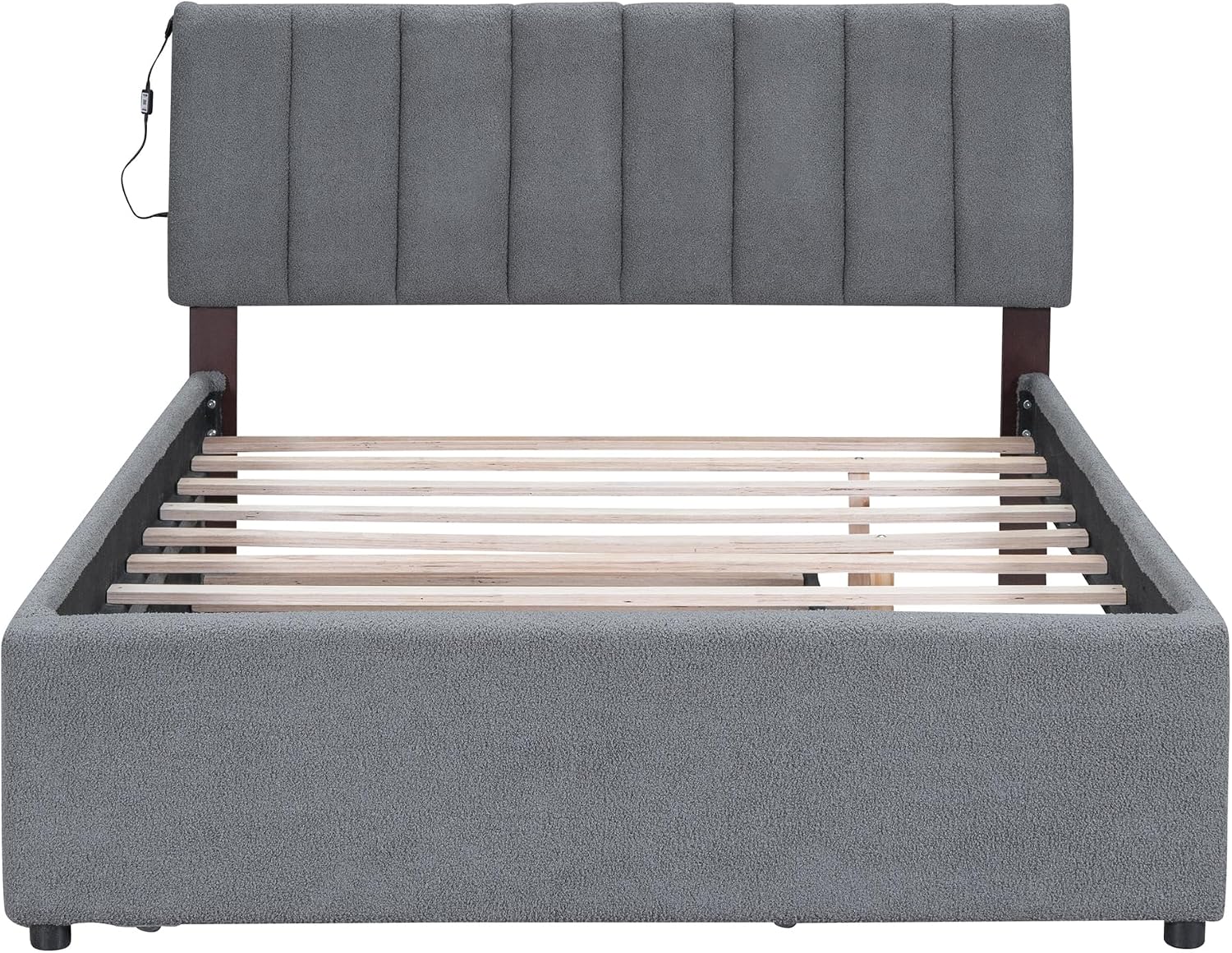 Ball & Cast Full Szie Upholstered Bed Frame with LED Light and Trundle,Teddy Fleece Platform Bed w/Channel Tufted Headboard &Wooden Slats Support,No Box Spring Needed, for Bedroom,Gray