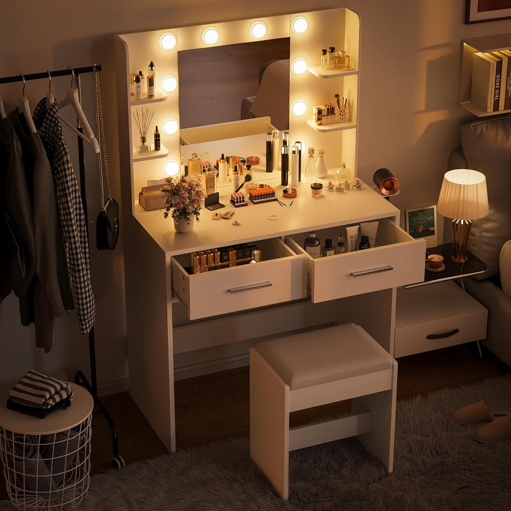 Furmax Make up Vanity Desk with Mirror and Power Outlet, Vanity with 3 Color Light Options Adjustable Brightness,Vanity Desk with 2 Drawers, 6 Storage Shelves (White, with Bench)