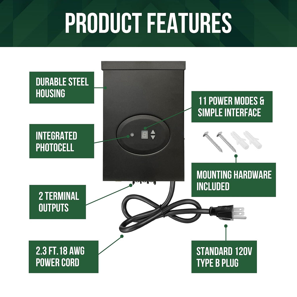 GKOLED ETL Listed 300W Low Voltage Transformer for Landscape Lighting with Timer and Photocell Sensor, 120V AC to 12V/14V AC Power Pack, Fully Encapsulated Toroid Core, CEC VI Certified