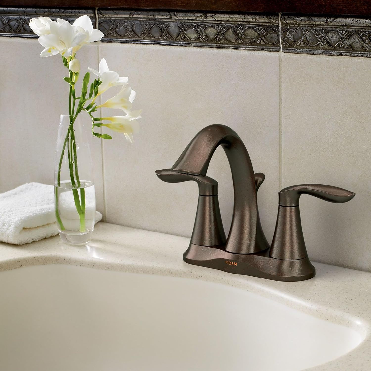 Moen Eva Oil-Rubbed Bronze Two-Handle Centerset Lavatory Faucet with Drain Assembly, Sink Faucet Bathroom 3-Hole for Standard 4-inch Countertop Setup, 6410ORB