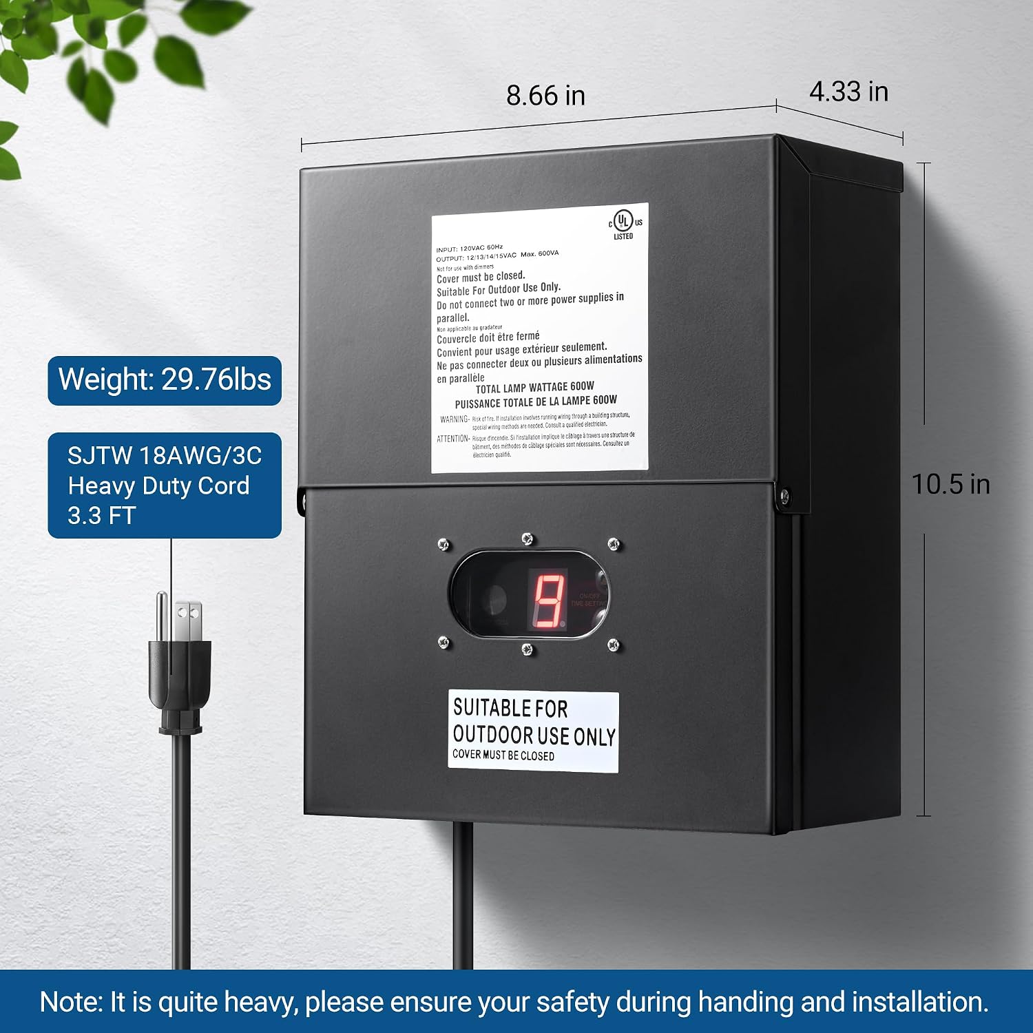 DEWENWILS 600W Low Voltage Landscape Transformer, Outdoor Weatherproof Transformer with Timer and Photocell Sensor, 120V AC to 12V/13V/14V/15V AC for LED Lighting, Walkway Light, cULus Listed