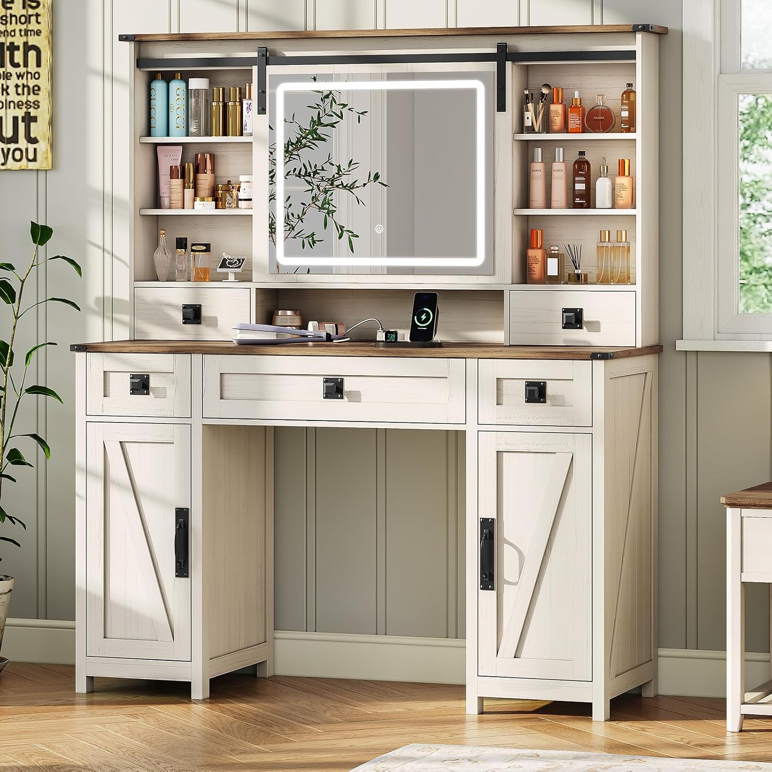 MSmask Farmhouse Makeup Vanity Desk with Sliding Mirror and Lights, 47.2' Big Vanity Table with Charging Station, Makeup Desk with 5 Drawers & 2 Cabinets, White