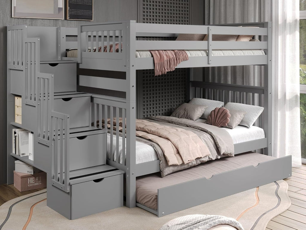 Bedz King Stairway Bunk Beds Full Over Full, 4 Step Drawers, Full Trundle, Gray