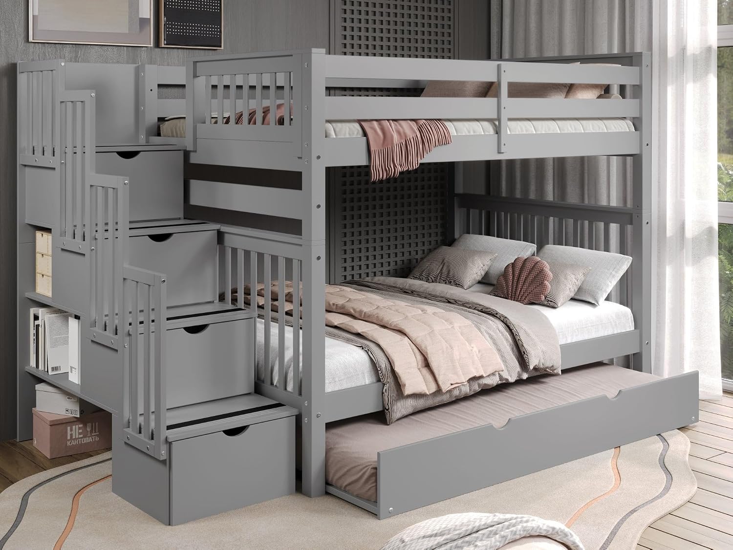 Bedz King Stairway Bunk Beds Full Over Full, 4 Step Drawers, Full Trundle, Gray